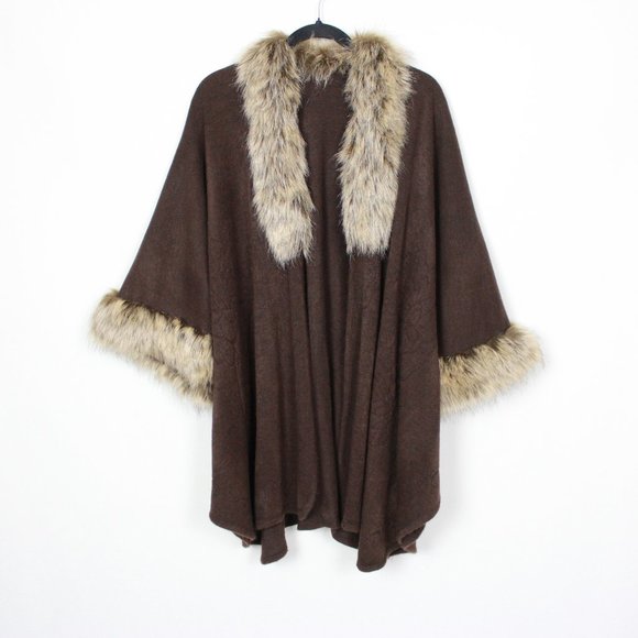 Brown Faux Fur Trim Floral Embossed Wrap Shawl - Picture 7 of 7